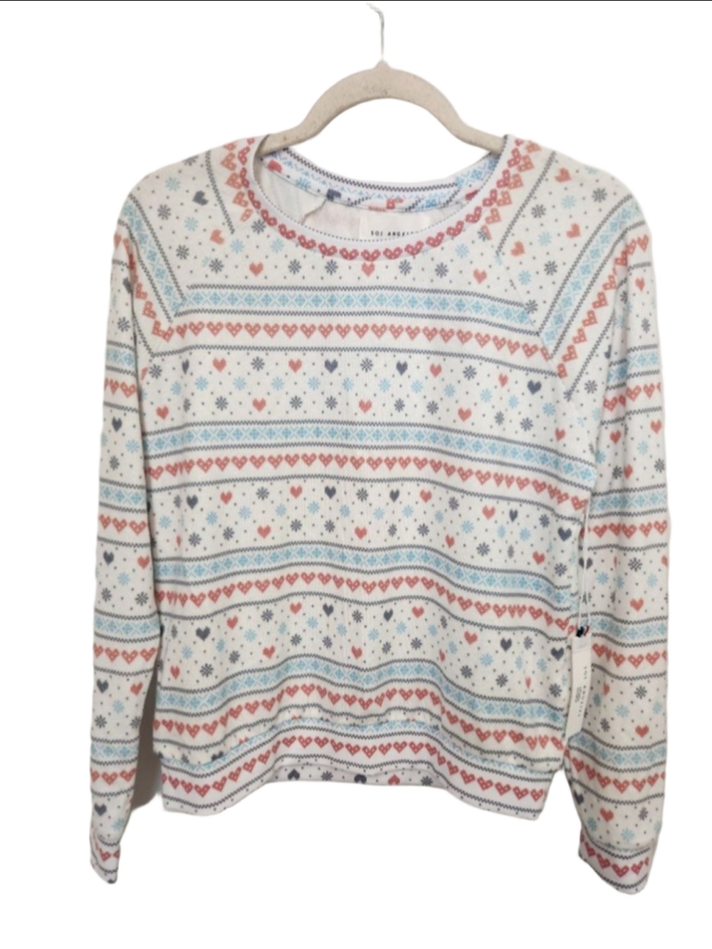 SOL ANGELES White Red Blue Heart Print Crew Neck Sweater